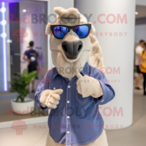 Lavender Camel mascot costume character dressed with a Denim Shirt and Sunglasses