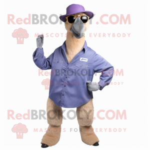 Lavender Camel mascot costume character dressed with a Denim Shirt and Sunglasses