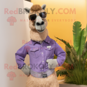 Lavender Camel mascot costume character dressed with a Denim Shirt and Sunglasses