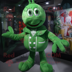 Green Lobster mascot costume character dressed with a Long Sleeve Tee and Lapel pins