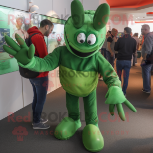 Green Lobster mascot costume character dressed with a Long Sleeve Tee and Lapel pins