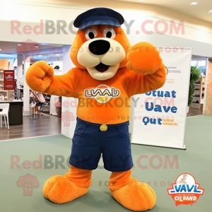 Orange Navy Seal mascot costume character dressed with a Denim Shorts and Cufflinks