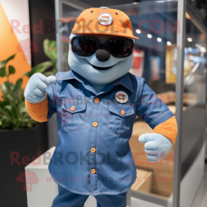 Orange Navy Seal mascot costume character dressed with a Denim Shorts and Cufflinks