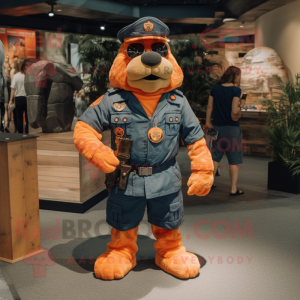 Orange Navy Seal mascot costume character dressed with a Denim Shorts and Cufflinks