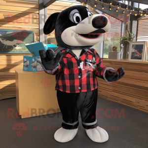 Black Killer Whale mascot costume character dressed with a Flannel Shirt and Coin purses