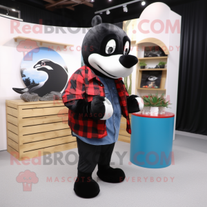 Black Killer Whale mascot costume character dressed with a Flannel Shirt and Coin purses