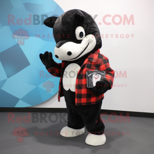 Black Killer Whale mascot costume character dressed with a Flannel Shirt and Coin purses