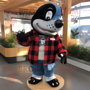 Black Killer Whale mascot costume character dressed with a Flannel Shirt and Coin purses