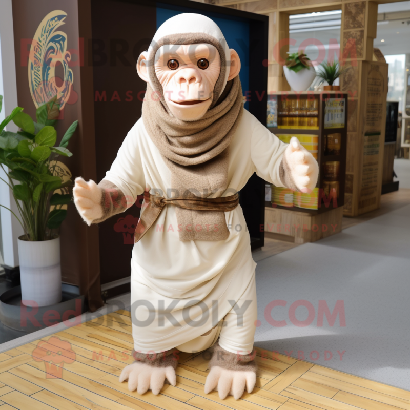 Beige Chimpanzee mascot costume character dressed with a Bodysuit and Scarves