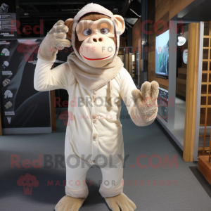 Beige Chimpanzee mascot costume character dressed with a Bodysuit and Scarves
