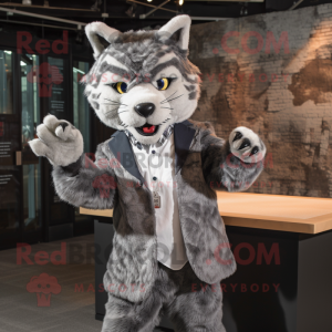 Gray Bobcat mascot costume character dressed with a Blazer and Headbands