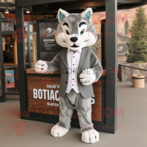 Gray Bobcat mascot costume character dressed with a Blazer and Headbands