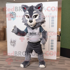 Gray Bobcat mascot costume character dressed with a Blazer and Headbands