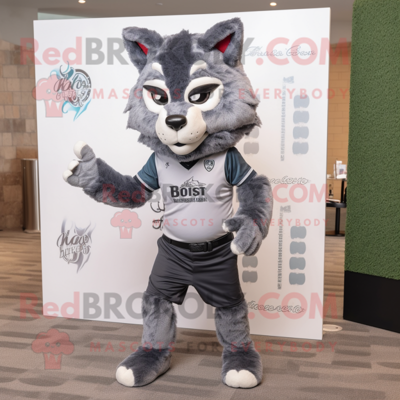 Gray Bobcat mascot costume character dressed with a Blazer and Headbands Gray Bobcat mascot costume character dressed with a Blazer and Headbands