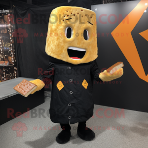 Black Grilled Cheese Sandwich mascot costume character dressed with a Raincoat and Beanies