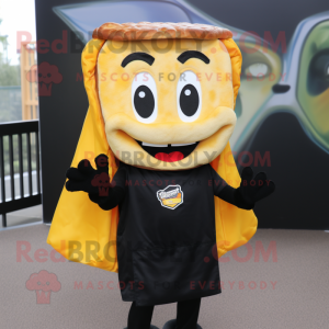 Black Grilled Cheese Sandwich mascot costume character dressed with a Raincoat and Beanies