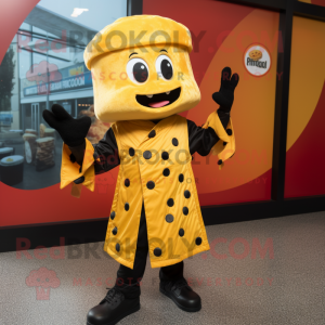 Black Grilled Cheese Sandwich mascot costume character dressed with a Raincoat and Beanies