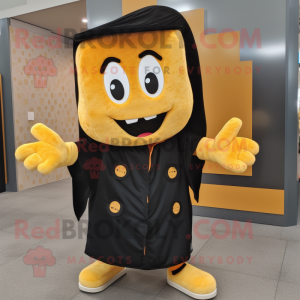 Black Grilled Cheese Sandwich mascot costume character dressed with a Raincoat and Beanies