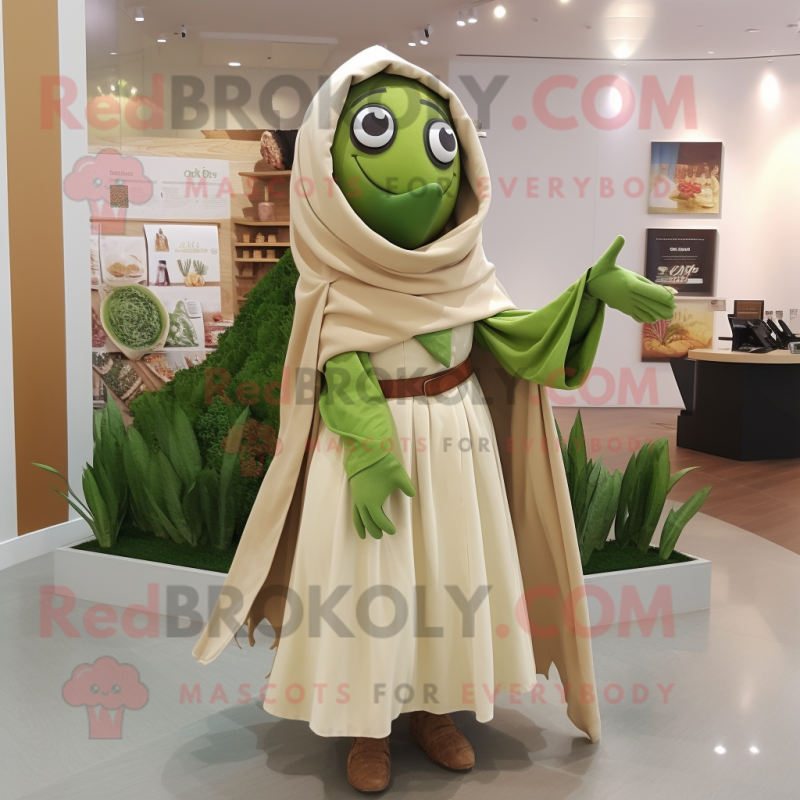 Tan Spinach mascot costume character dressed with a A-Line Skirt and Shawls