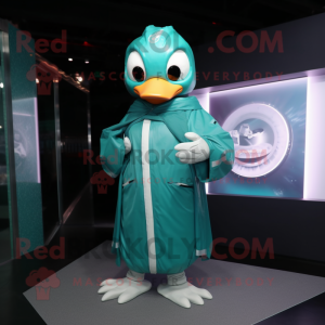 Teal Swans mascot costume character dressed with a Raincoat and Rings