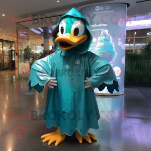 Teal Swans mascot costume character dressed with a Raincoat and Rings