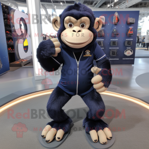 Navy Chimpanzee mascot costume character dressed with a Yoga Pants and Shoe laces