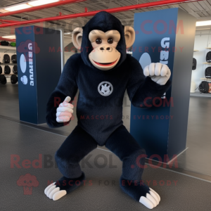 Navy Chimpanzee mascot costume character dressed with a Yoga Pants and Shoe laces