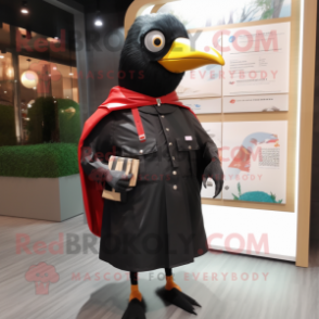 Black Woodpecker mascot costume character dressed with a Raincoat and Messenger bags