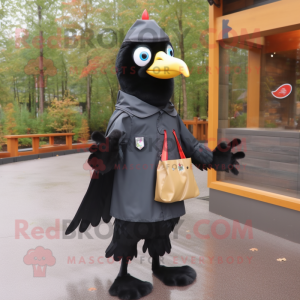 Black Woodpecker mascot costume character dressed with a Raincoat and Messenger bags