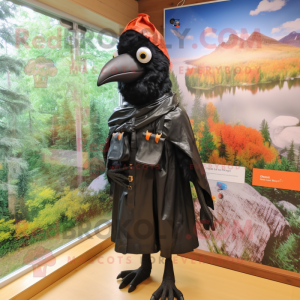 Black Woodpecker mascot costume character dressed with a Raincoat and Messenger bags