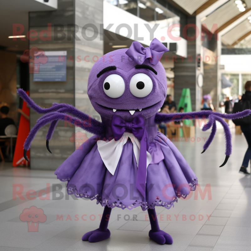 Purple Spider mascot costume character dressed with a Dress and Bow ties