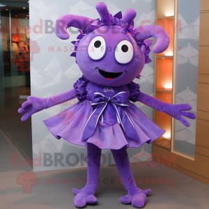 Purple Spider mascot costume character dressed with a Dress and Bow ties