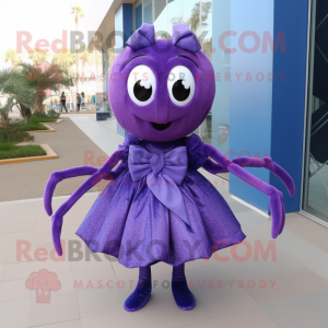 Purple Spider mascot costume character dressed with a Dress and Bow ties