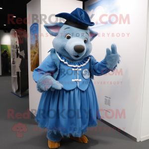 Blue Wild Boar mascot costume character dressed with a Pleated Skirt and Berets