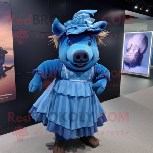 Blue Wild Boar mascot costume character dressed with a Pleated Skirt and Berets
