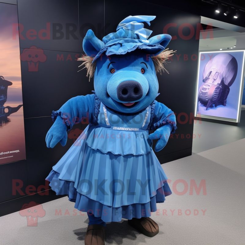 Blue Wild Boar mascot costume character dressed with a Pleated Skirt and Berets Blue Wild Boar mascot costume character dressed with a Pleated Skirt and Berets