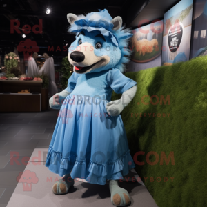 Blue Wild Boar mascot costume character dressed with a Pleated Skirt and Berets