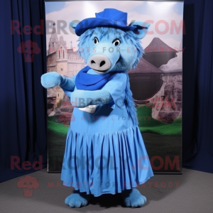 Blue Wild Boar mascot costume character dressed with a Pleated Skirt and Berets