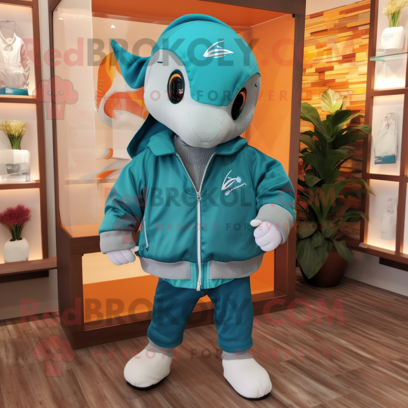 Teal Dolphin mascot costume character dressed with a Windbreaker and Headbands Teal Dolphin mascot costume character dressed with a Windbreaker and Headbands