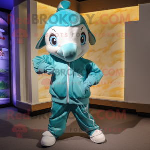 Teal Dolphin mascot costume character dressed with a Windbreaker and Headbands