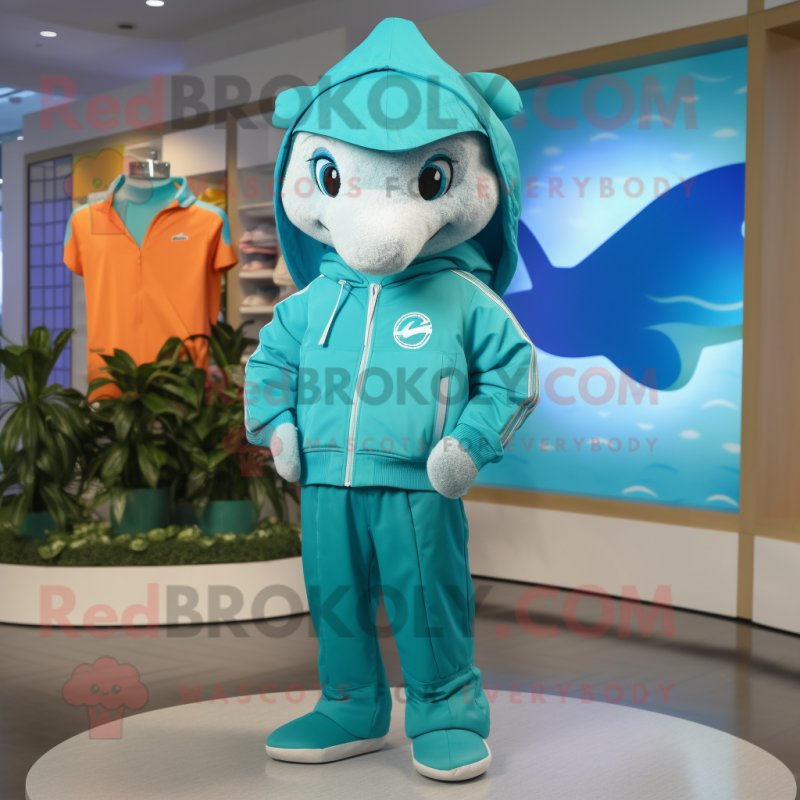 Teal Dolphin mascot costume character dressed with a Windbreaker and Headbands