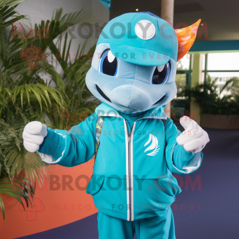 Teal Dolphin mascot costume character dressed with a Windbreaker and Headbands