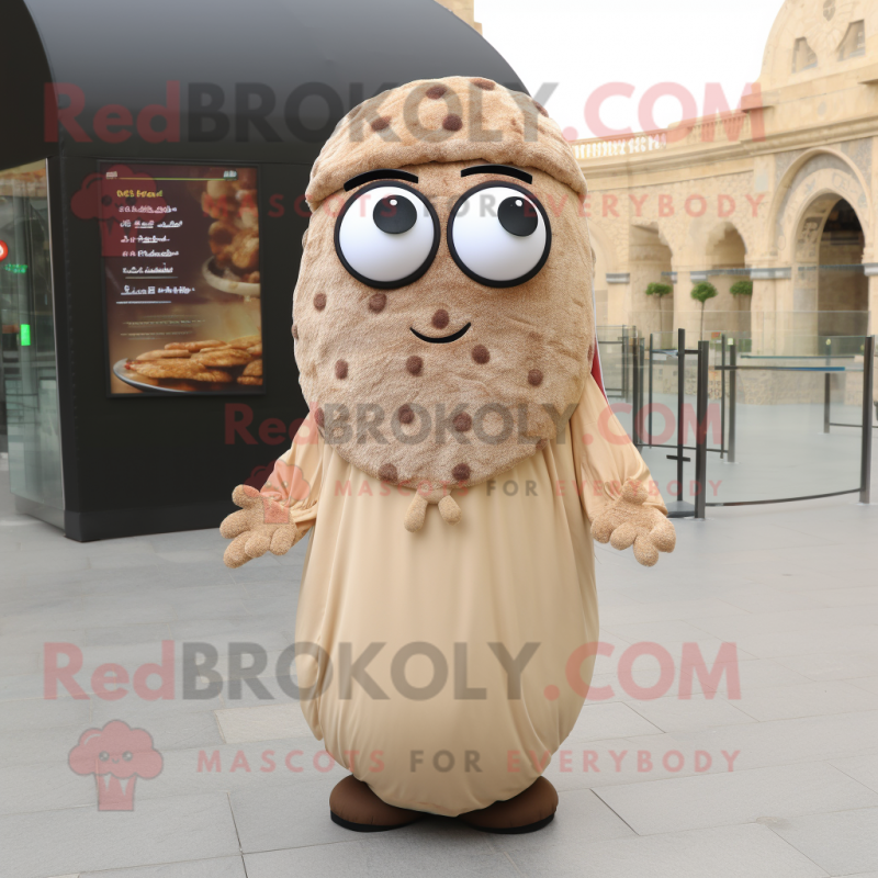 Beige Falafel mascot costume character dressed with a Cover-up and Eyeglasses Beige Falafel mascot costume character dressed with a Cover-up and Eyeglasses