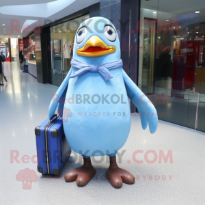 Sky Blue Penguin mascot costume character dressed with a Skinny Jeans and Briefcases