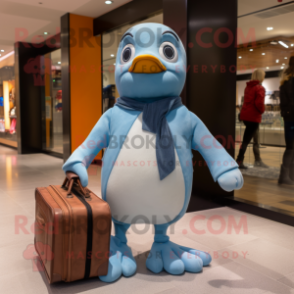 Sky Blue Penguin mascot costume character dressed with a Skinny Jeans and Briefcases