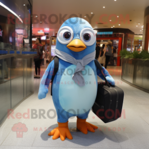 Sky Blue Penguin mascot costume character dressed with a Skinny Jeans and Briefcases