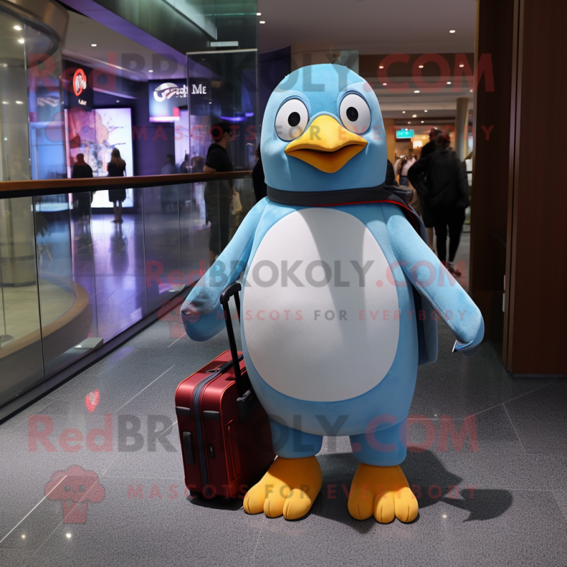 Sky Blue Penguin mascot costume character dressed with a Skinny Jeans and Briefcases