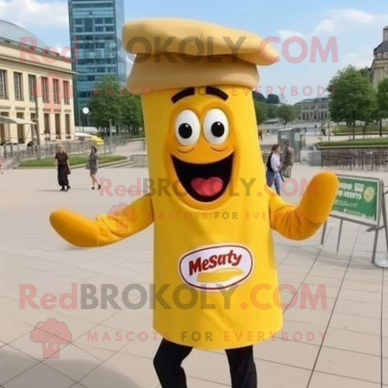 Yellow Currywurst mascot costume character dressed with a Henley Tee and Berets