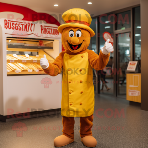 Yellow Currywurst mascot costume character dressed with a Henley Tee and Berets