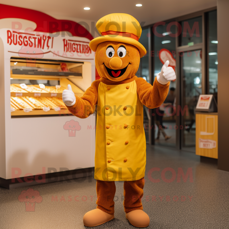 Yellow Currywurst mascot costume character dressed with a Henley Tee and Berets Yellow Currywurst mascot costume character dressed with a Henley Tee and Berets
